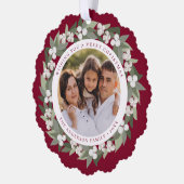 Moderne sneeuwbes groen krans bordeaux foto ornament kaart (Links)