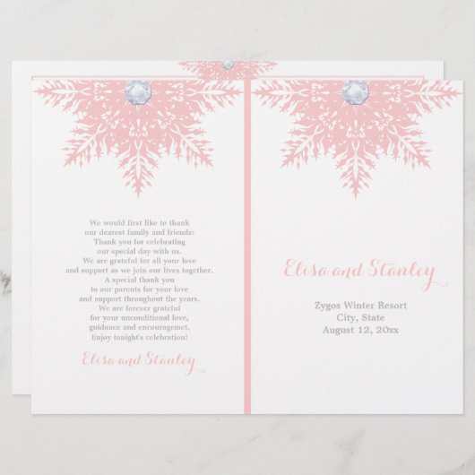 Moderne sneeuwflake roze, wittrouwprogramma (Voorkant / Achterkant)