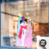 Moderne sneeuwman en roze boom raamsticker (Cafe Raam)