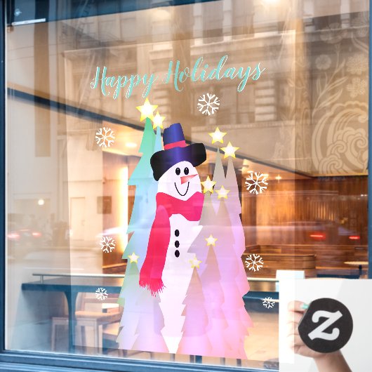 Moderne sneeuwman en roze boom raamsticker (Cafe Raam)