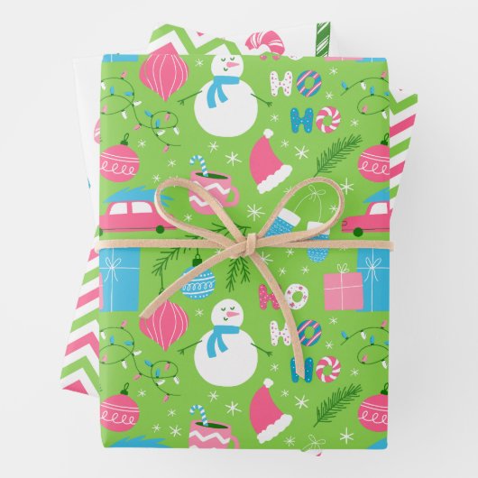 Moderne Sneeuwman en Roze & Groene Kerstdecoratie Inpakpapier Vel (In situ)
