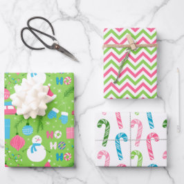 Moderne Sneeuwman en Roze & Groene Kerstdecoratie Inpakpapier Vel