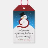 Moderne sneeuwman haiku traditionele kerstkleur cadeaulabel (Voorkant)