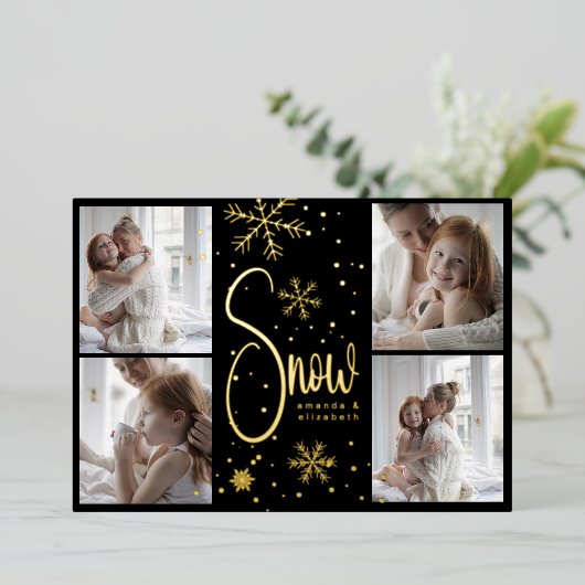 Moderne Sneeuwvlok 4 Familie Afbeeldingen Kerst 20 Folie Feestdagenkaart (Staand Voorkant)