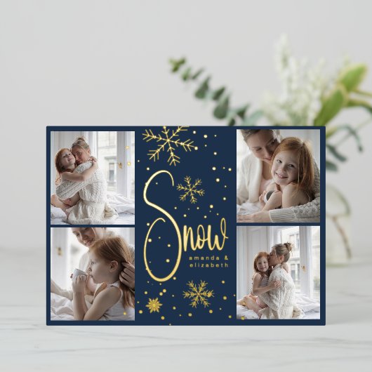 Moderne Sneeuwvlok 4 Familie Afbeeldingen Kerst 20 Folie Feestdagenkaart (Staand Voorkant)