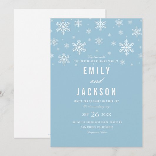 Moderne Sneeuwvlok Blauwe Huwelijksuitnodiging Kaart (Voorkant / Achterkant)