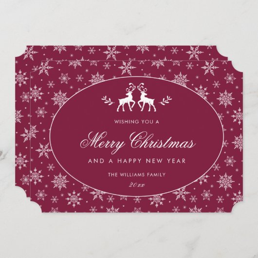 Moderne Sneeuwvlok Claret Rood Witte Rendieren Feestdagenkaart (Voorkant / Achterkant)
