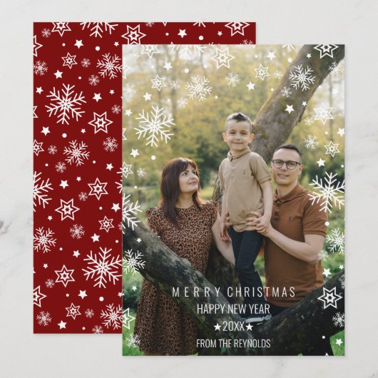 Moderne Sneeuwvlok Frame Foto Overlay Rode Kerstmi (Voorkant / Achterkant)