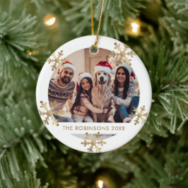 Moderne Sneeuwvlok Goud en Wit Foto Kerstmis Keramisch Ornament