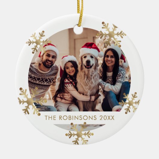 Moderne Sneeuwvlok Goud en Wit Foto Kerstmis Keramisch Ornament (Voorkant)