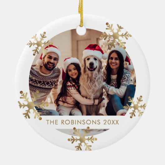 Moderne Sneeuwvlok Goud en Wit Foto Kerstmis Keramisch Ornament (Achterkant)