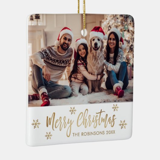 Moderne Sneeuwvlok Goud en Wit Foto Kerstmis Keramisch Ornament (Rechts)