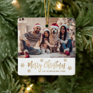 Moderne Sneeuwvlok Goud en Wit Foto Kerstmis Keramisch Ornament