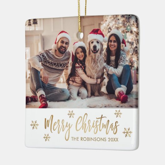 Moderne Sneeuwvlok Goud en Wit Foto Kerstmis Keramisch Ornament (Links)