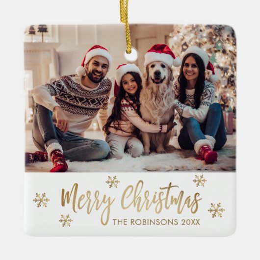 Moderne Sneeuwvlok Goud en Wit Foto Kerstmis Keramisch Ornament (Voorkant)