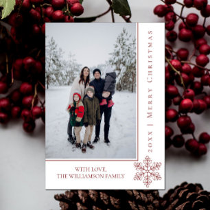 Moderne Sneeuwvlok Kerstmis Fotokaart Rood Feestdagenkaart