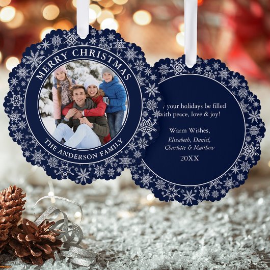 Moderne Sneeuwvlokken Blauw Vrolijk Kerstfeest Fot Ornament Kaart