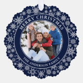 Moderne Sneeuwvlokken Blauw Vrolijk Kerstfeest Fot Ornament Kaart (Voorkant)