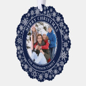 Moderne Sneeuwvlokken Blauw Vrolijk Kerstfeest Fot Ornament Kaart (Links)