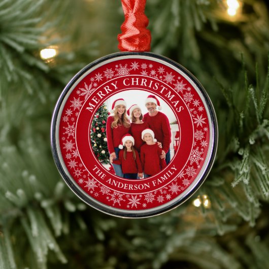 Moderne Sneeuwvlokken Foto Vrolijk Kerstrood Metalen Ornament (Boom)