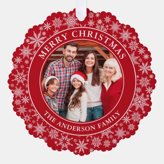 Moderne Sneeuwvlokken Foto Vrolijk Kerstrood Ornament Kaart (Voorkant)