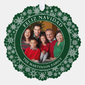 Moderne Sneeuwvlokken Groen Feliz Navidad Foto Ornament Kaart (Voorkant)