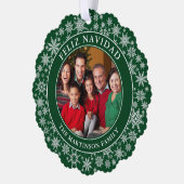 Moderne Sneeuwvlokken Groen Feliz Navidad Foto Ornament Kaart (Links)