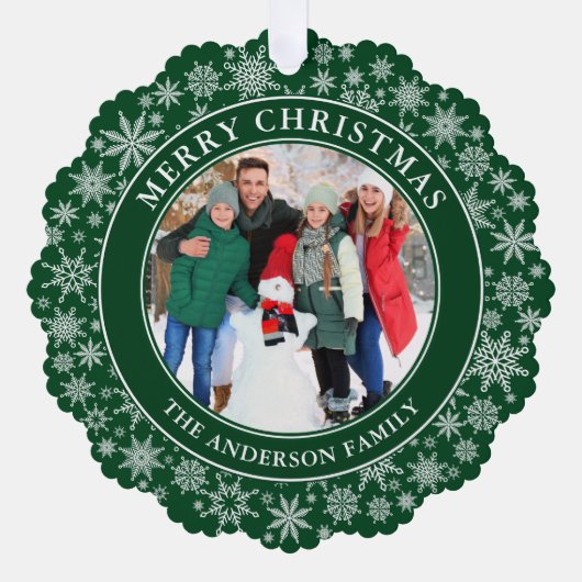 Moderne Sneeuwvlokken Groene Vrolijke Kerstmis Fot Ornament Kaart (Voorkant)