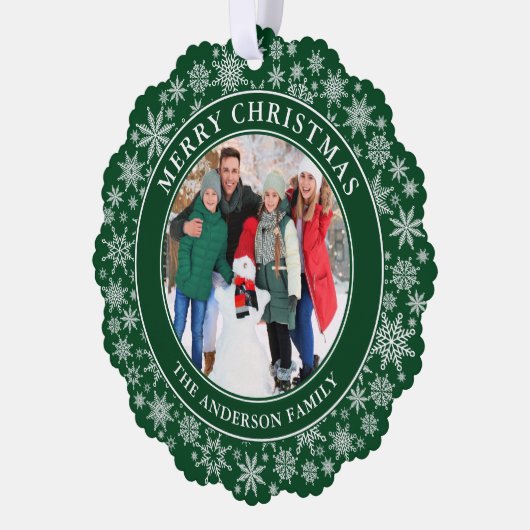 Moderne Sneeuwvlokken Groene Vrolijke Kerstmis Fot Ornament Kaart (Links)