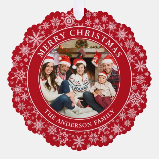 Moderne Sneeuwvlokken Rode Vrolijke Kerstmis Foto Ornament Kaart (Voorkant)