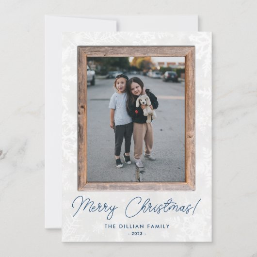 Moderne sneeuwvlokken rustiek hout Lijst vakantief Feestdagenkaart (Voorkant)