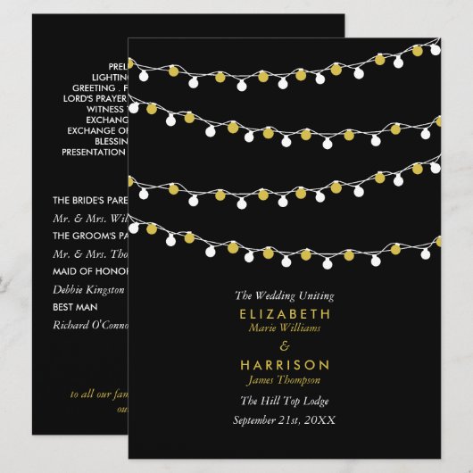 Moderne snoerlampen, wit & goud bruiloft programmakaart (Voorkant / Achterkant)