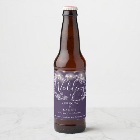 Moderne snoerlampjes bloem paars bruiloft bier etiket (Voorkant)