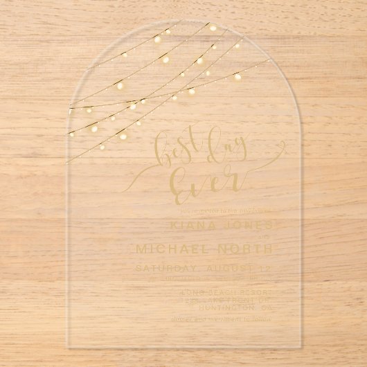 Moderne snoerlichten Beste dag ooit Goud ID585 Acryl Uitnodigingen (Voorkant)