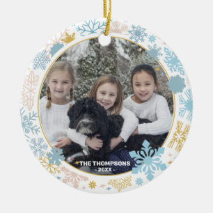 Moderne Snowflakes Roze Blauwe Kerstfamilie FOTO Keramisch Ornament