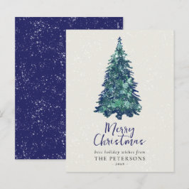 Moderne Snowy Blauwe Kerstboom Feestdagenkaart