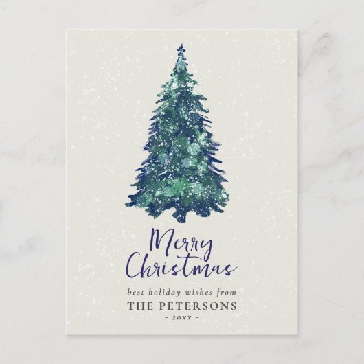 Moderne Snowy Blauwe Kerstboom Feestdagenkaart (Voorkant)