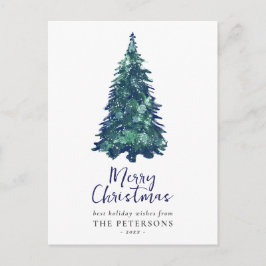 Moderne Snowy Blauwe Kerstboom Feestdagenkaart