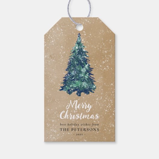 Moderne Snowy Green Kerstmis Kraft Cadeaulabel (Voorkant)