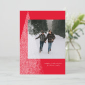 Moderne snowy kerstboom, rode fotokaart feestdagenkaart (Staand voorkant)