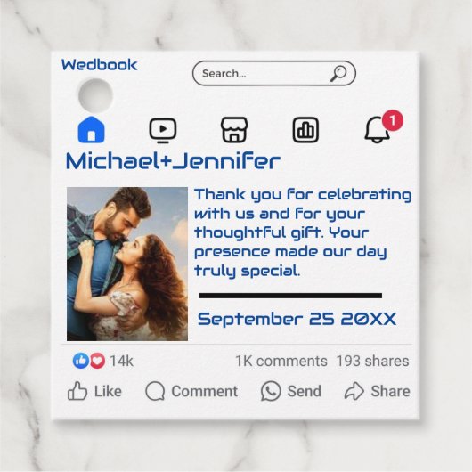 Moderne Sociale Media Custom Message Wedding Bedankjes Labels (Voorkant)