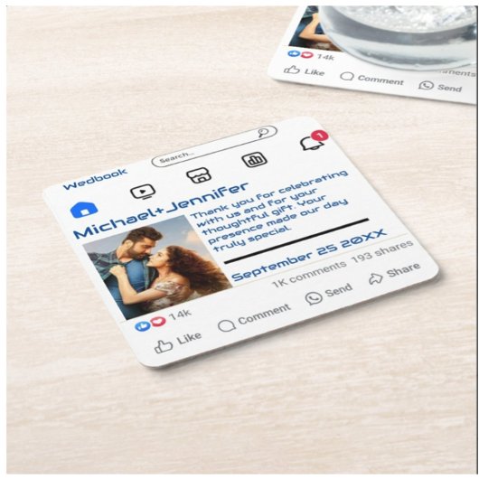 Moderne Sociale Media Custom Message Wedding Favor Kartonnen Onderzetters