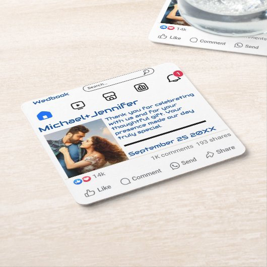 Moderne Sociale Media Custom Message Wedding Favor Kartonnen Onderzetters (Schuin)