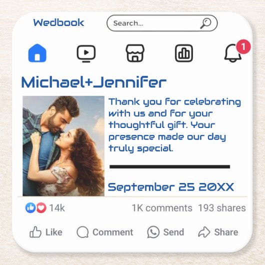 Moderne Sociale Media Custom Message Wedding Favor Kartonnen Onderzetters (Voorkant)