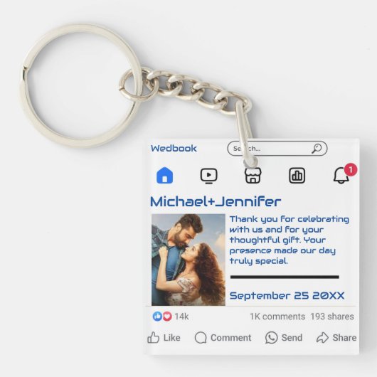 Moderne Sociale Media Custom Message Wedding Favor Sleutelhanger (voorkant)