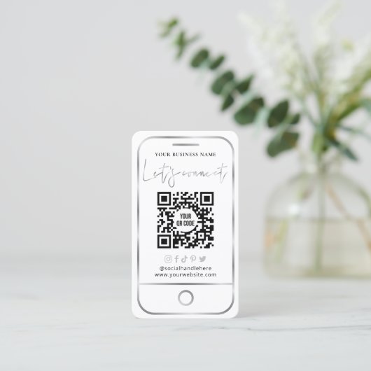 Moderne sociale media met witte en zilveren QR-cod Visitekaartje (Staand voorkant)