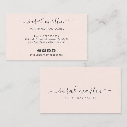 Moderne sociale media pictogrammen Blush Pink Eleg Visitekaartje (Voorkant / Achterkant)