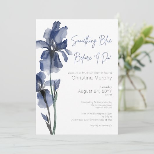 Moderne Something Blue Iris Bruidsdouche Kaart (Staand voorkant)