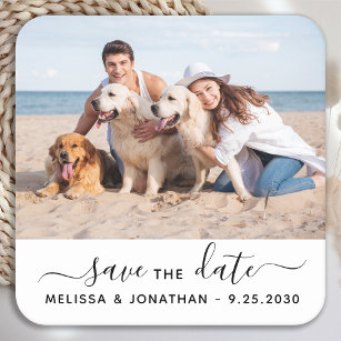 Moderne sparen de Datum Verloving Pet Foto Kartonnen Onderzetters