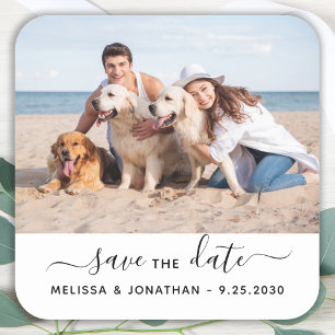 Moderne sparen de Datum Verloving Pet Foto Vierkante Sticker